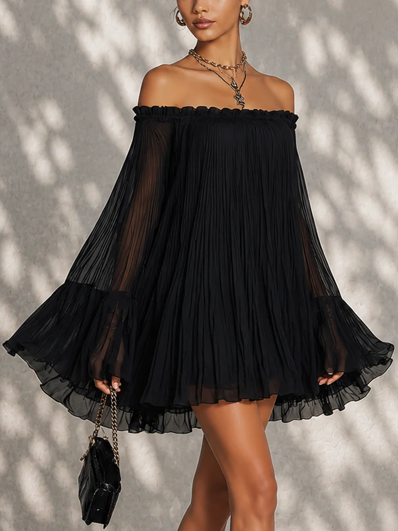 Vestido Violeta Cortés con Mangas Acampanadas y Hombros Descubiertos