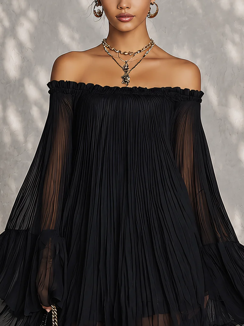 Vestido Violeta Cortés con Mangas Acampanadas y Hombros Descubiertos