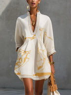 Vestido Violeta Cortés con Encaje Crochet Marfil y Motivos Dorados