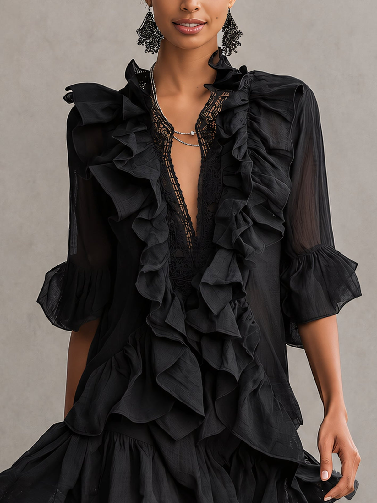 Vestido Violeta Cortés con Gasa y Volantes