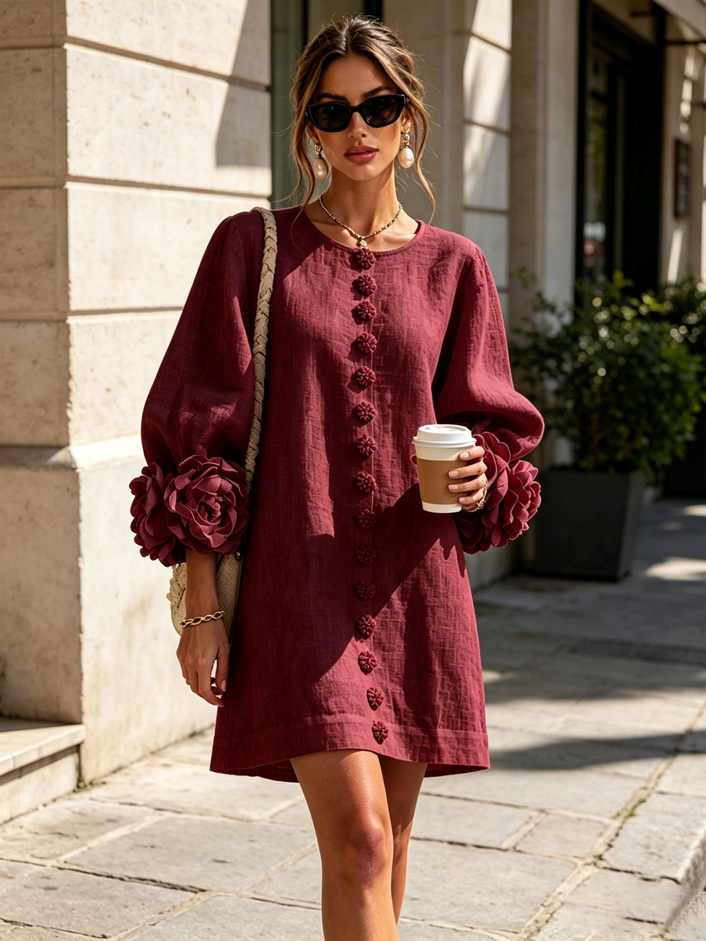 Rosalie | Vestido Mini con Botones - Burgundy