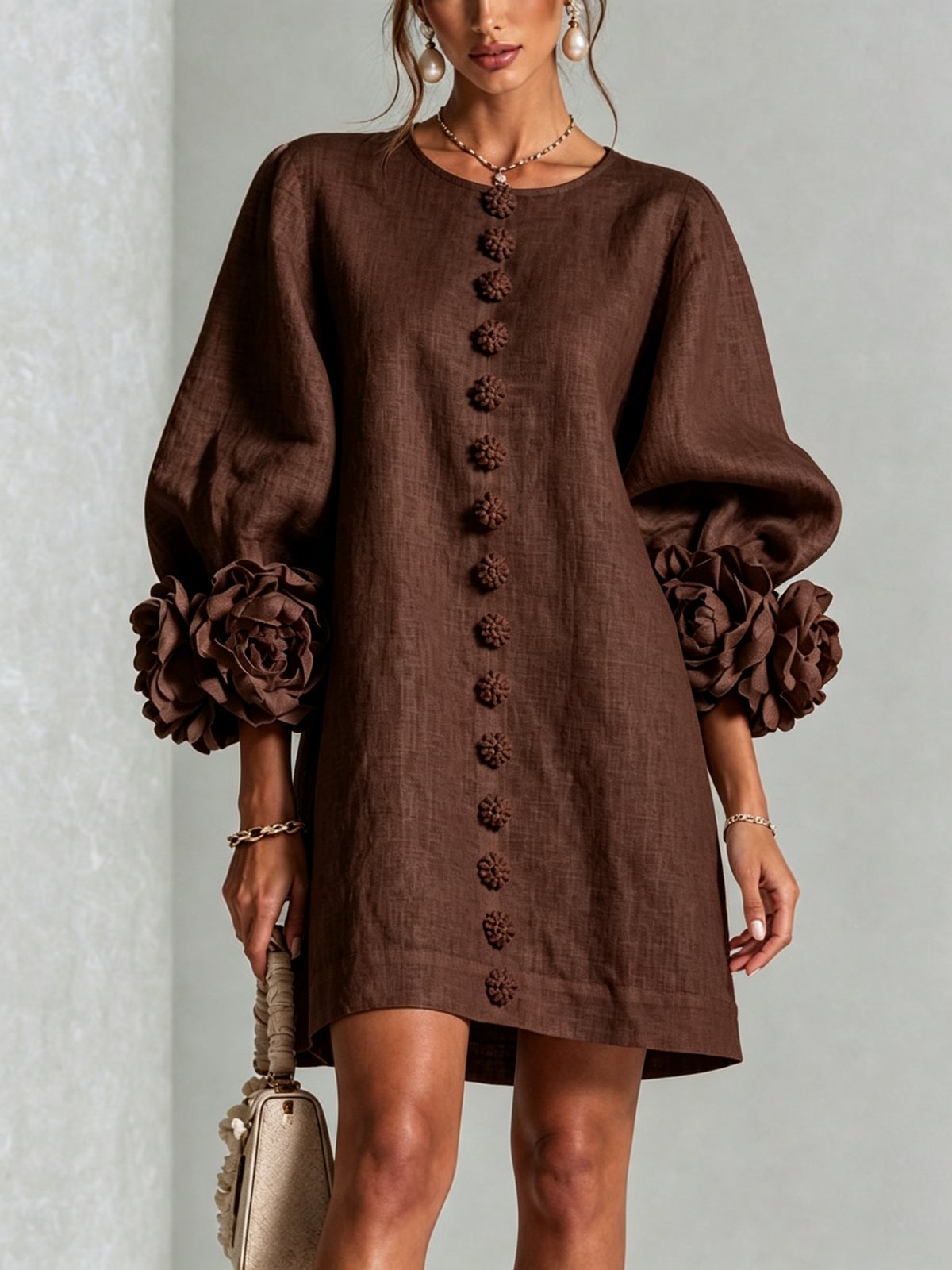 Rosalie | Vestido Mini con Botones - Marrón