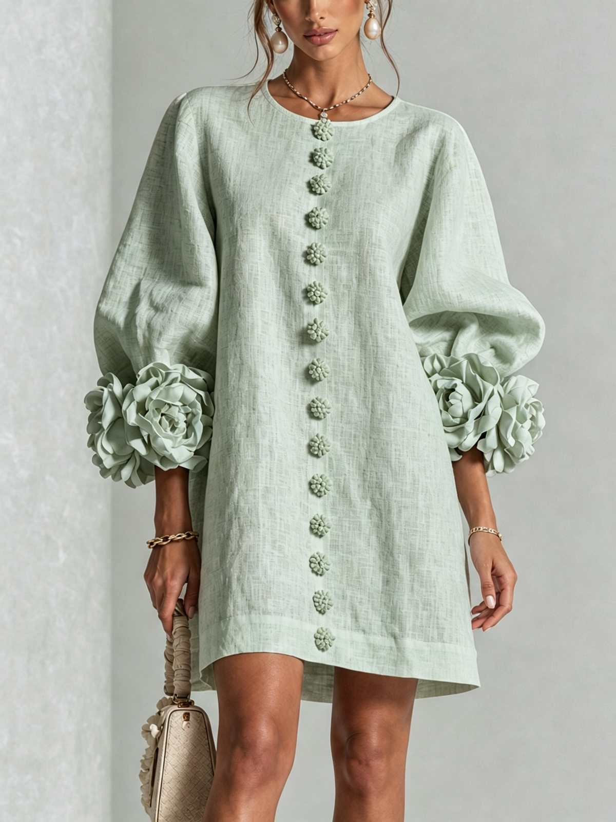 Rosalie | Vestido Mini con Botones - Verde Claro