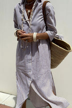 Sophia | Vestido Camisero de Rayas con Comodidad Elegante - Caqui