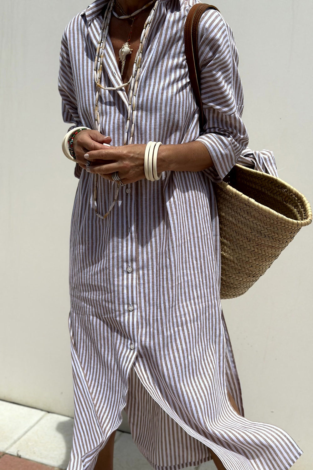 Sophia | Vestido Camisero de Rayas con Comodidad Elegante - Caqui
