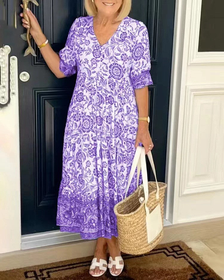 Keisha | Vestido Floral Elegante de Cuello en V - Morado