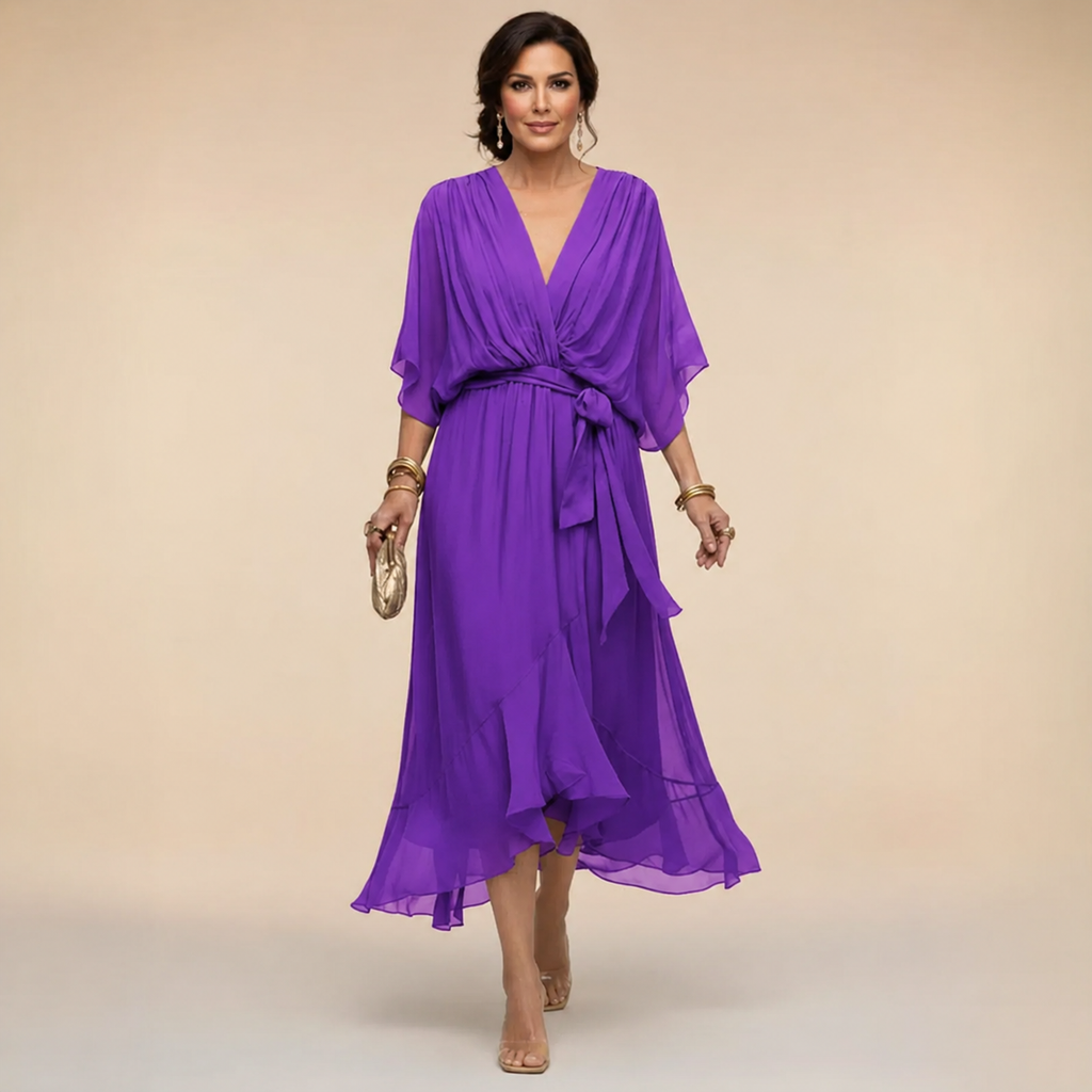 Monica | Vestido Elegante de Cuello en V - Morado Oscuro