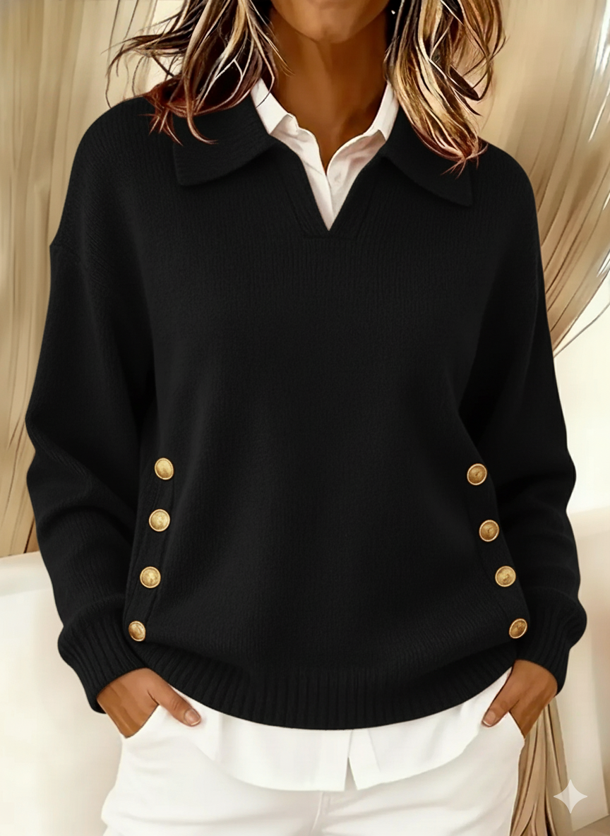 Vynette | Jersey de Cuello en V con Solapa - Negro