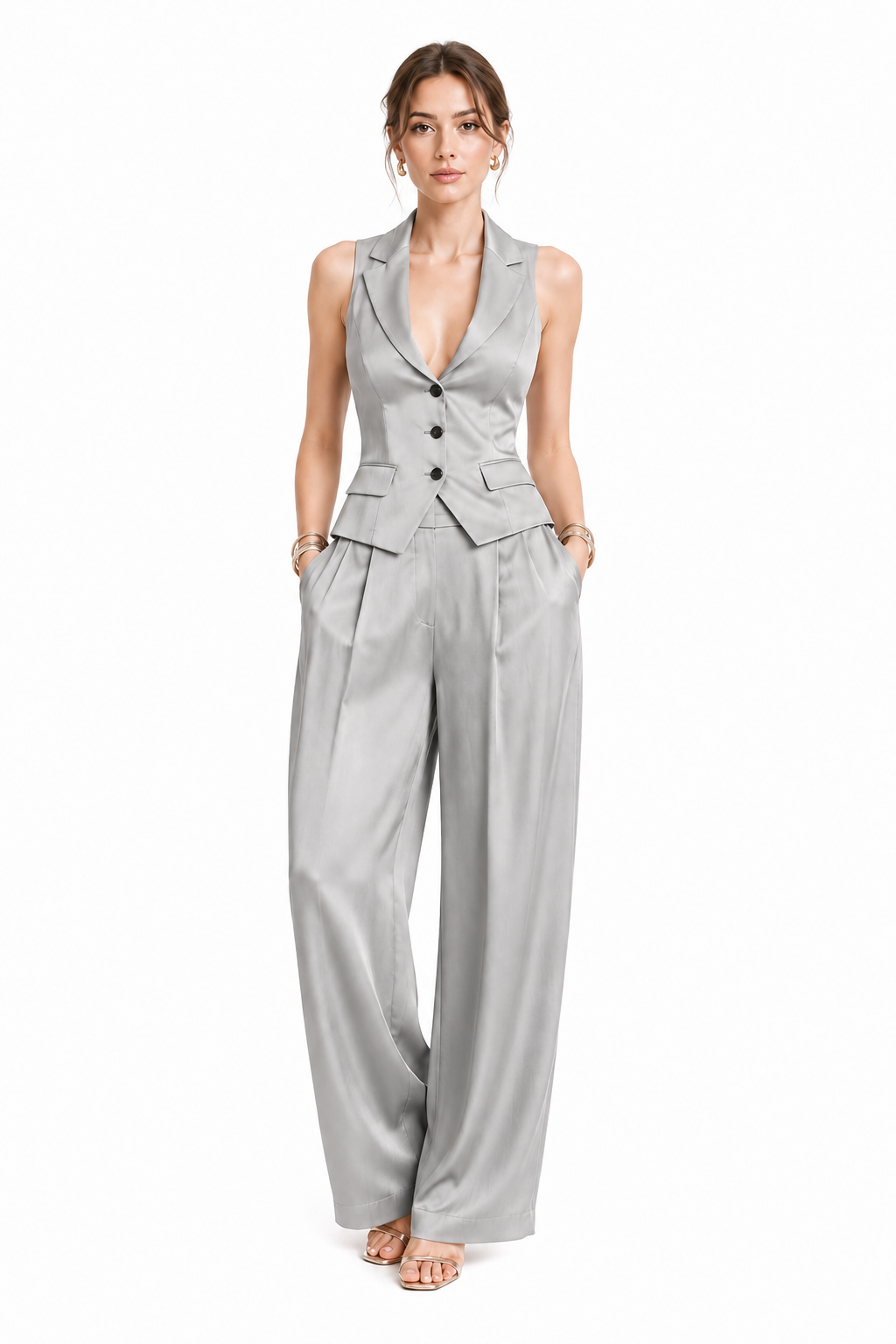 CONJUNTO DE DOS PIEZAS PARA MUJER CON CUELLO EN V Y BOTONES