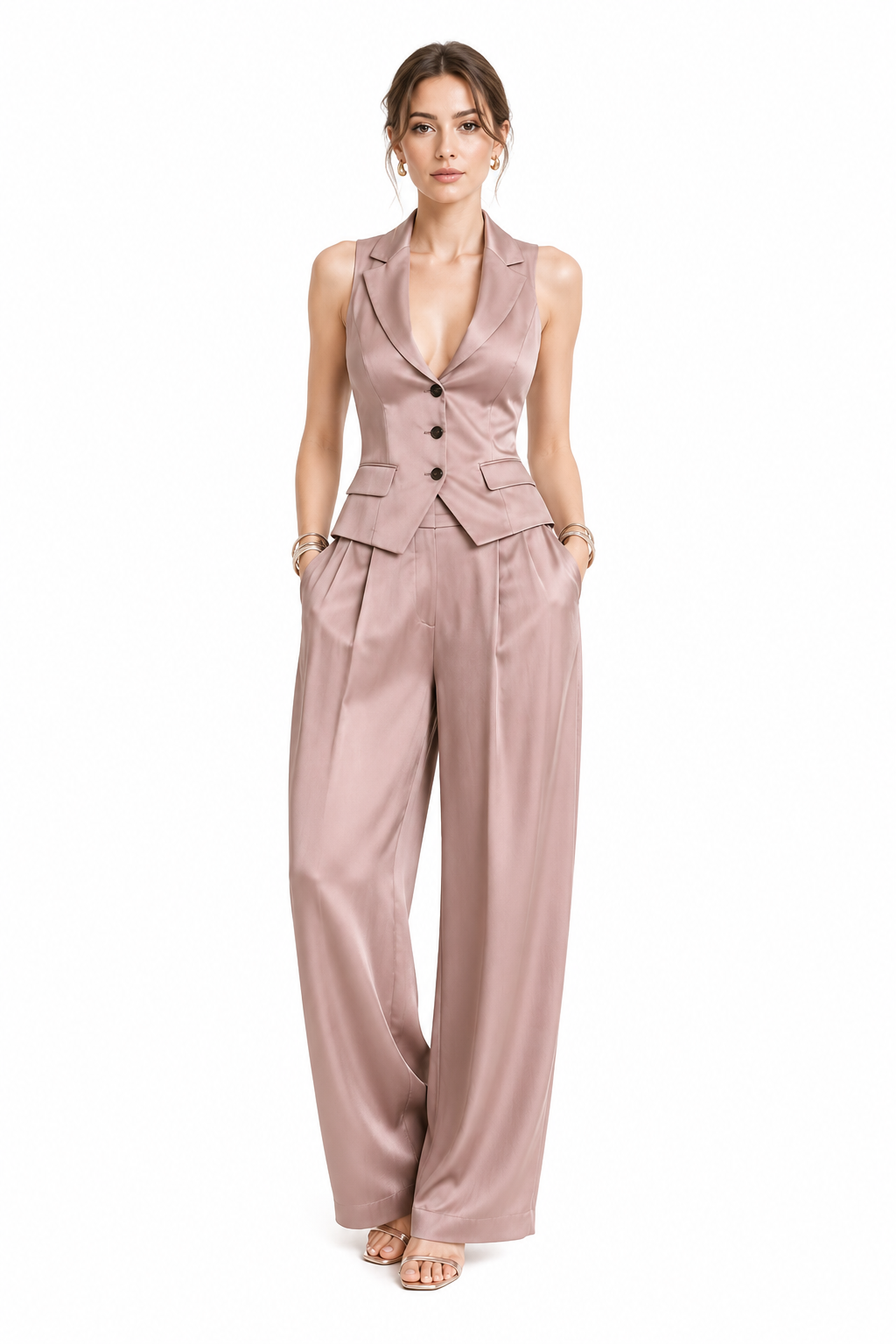 CONJUNTO DE DOS PIEZAS PARA MUJER CON CUELLO EN V Y BOTONES