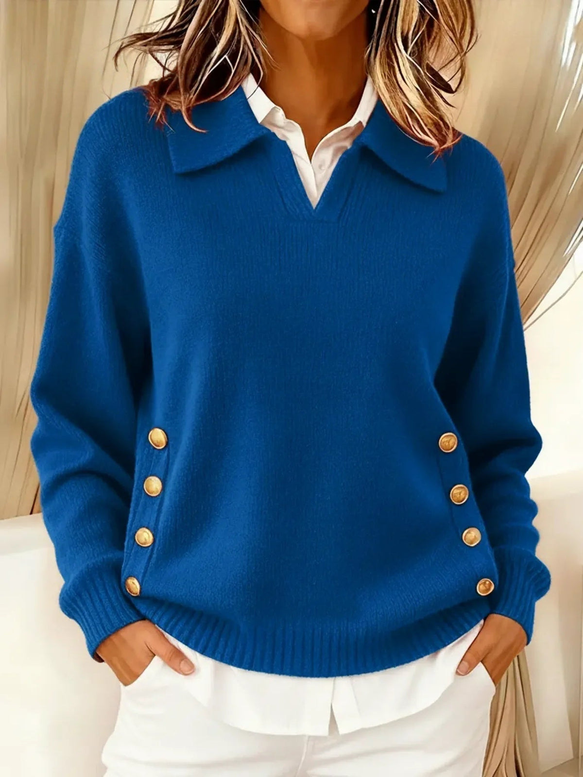 Vynette | Jersey de Cuello en V con Solapa - Azul