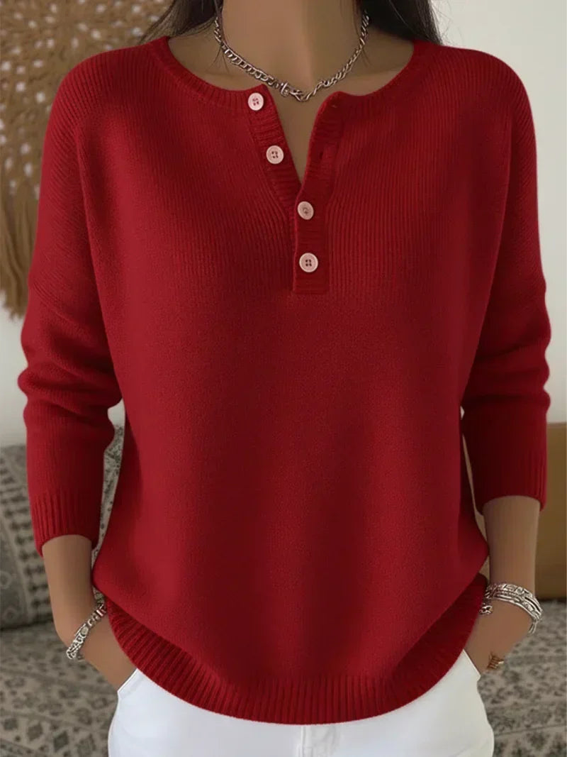 Helena | Jersey Henley de Punto con Botones - Rojo Intenso