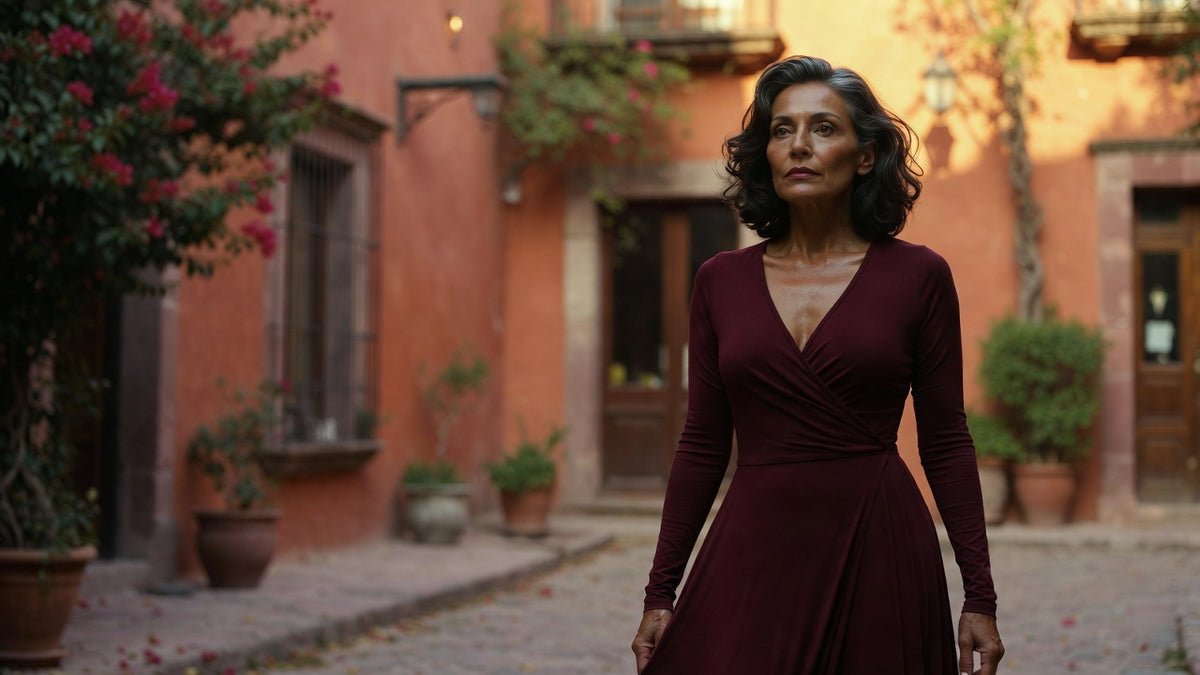 Mujer con vestido burdeos - hero