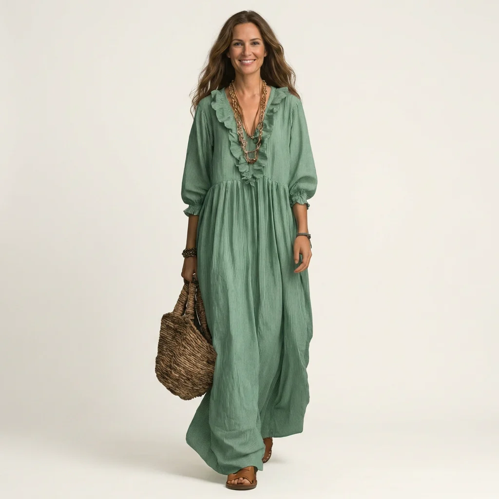 Yosetta | Vestido largo de manga farol con cuello en V y volantes, estampado de rayas