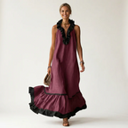 Mayline | Vestido largo sin mangas con cuello de volantes y ribete en contraste