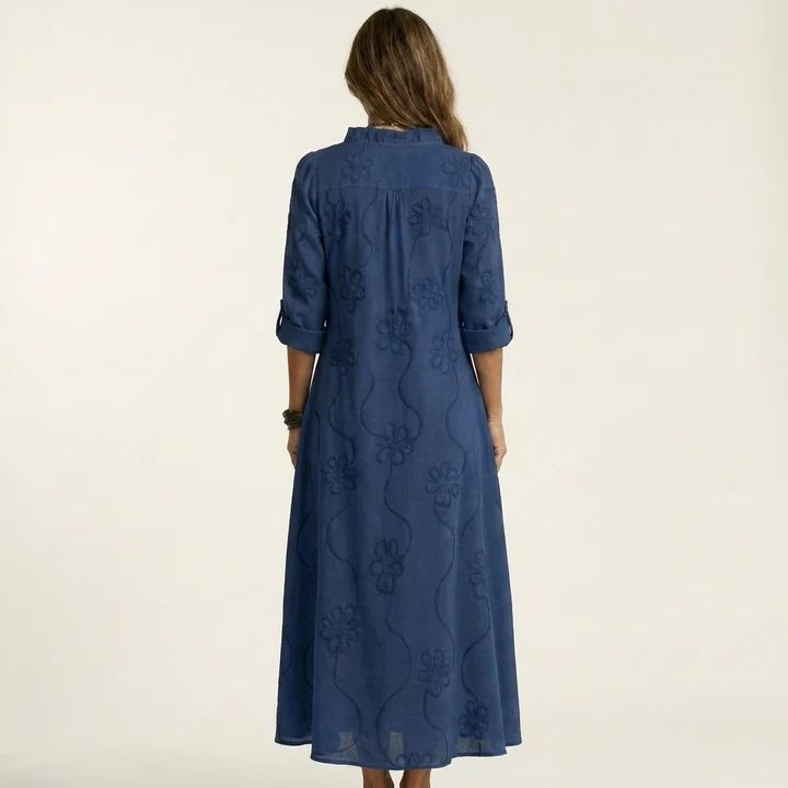Mariam | Vestido largo de algodón y lino con bordado floral en tonos a juego