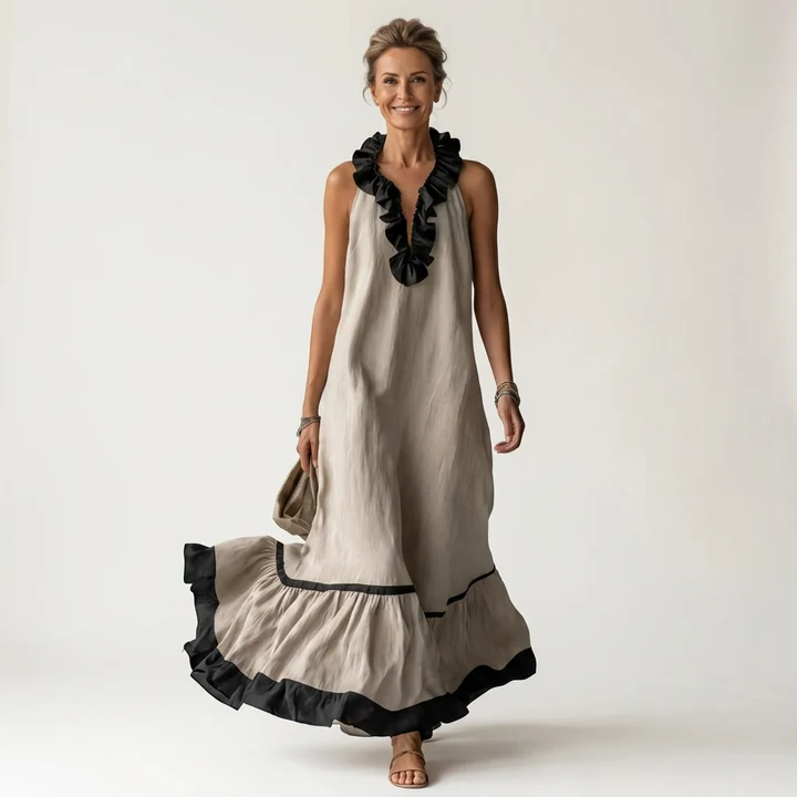 Mayline | Vestido largo sin mangas con cuello de volantes y ribete en contraste