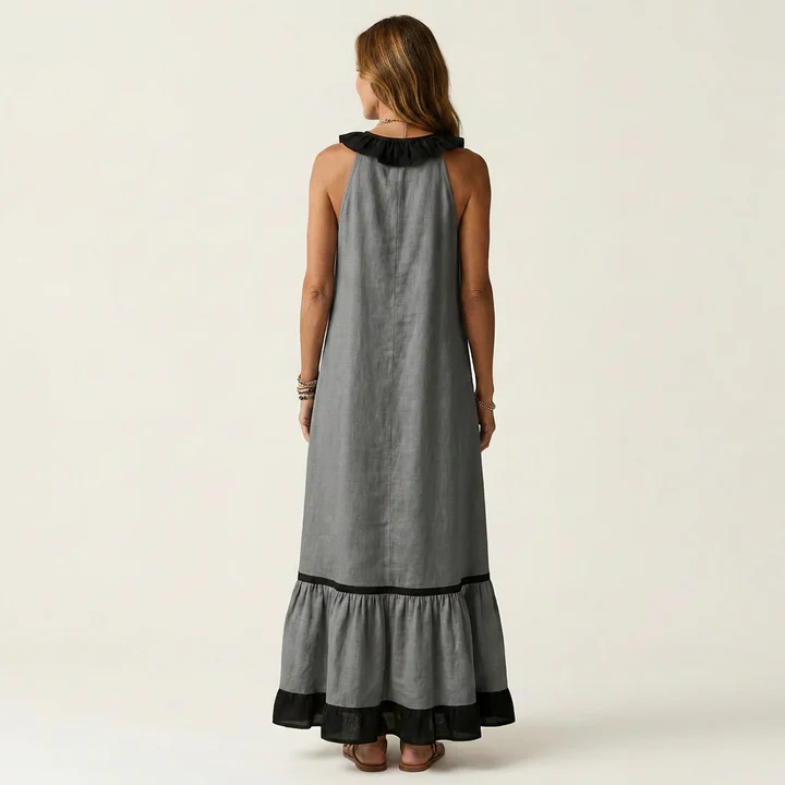 Mayline | Vestido largo sin mangas con cuello de volantes y ribete en contraste