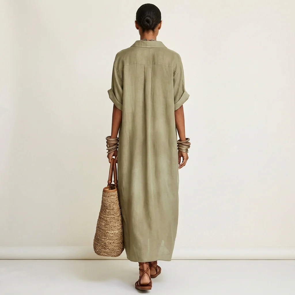 Kamira | Vestido camisero largo de manga corta con cuello en contraste y botones en la parte delantera
