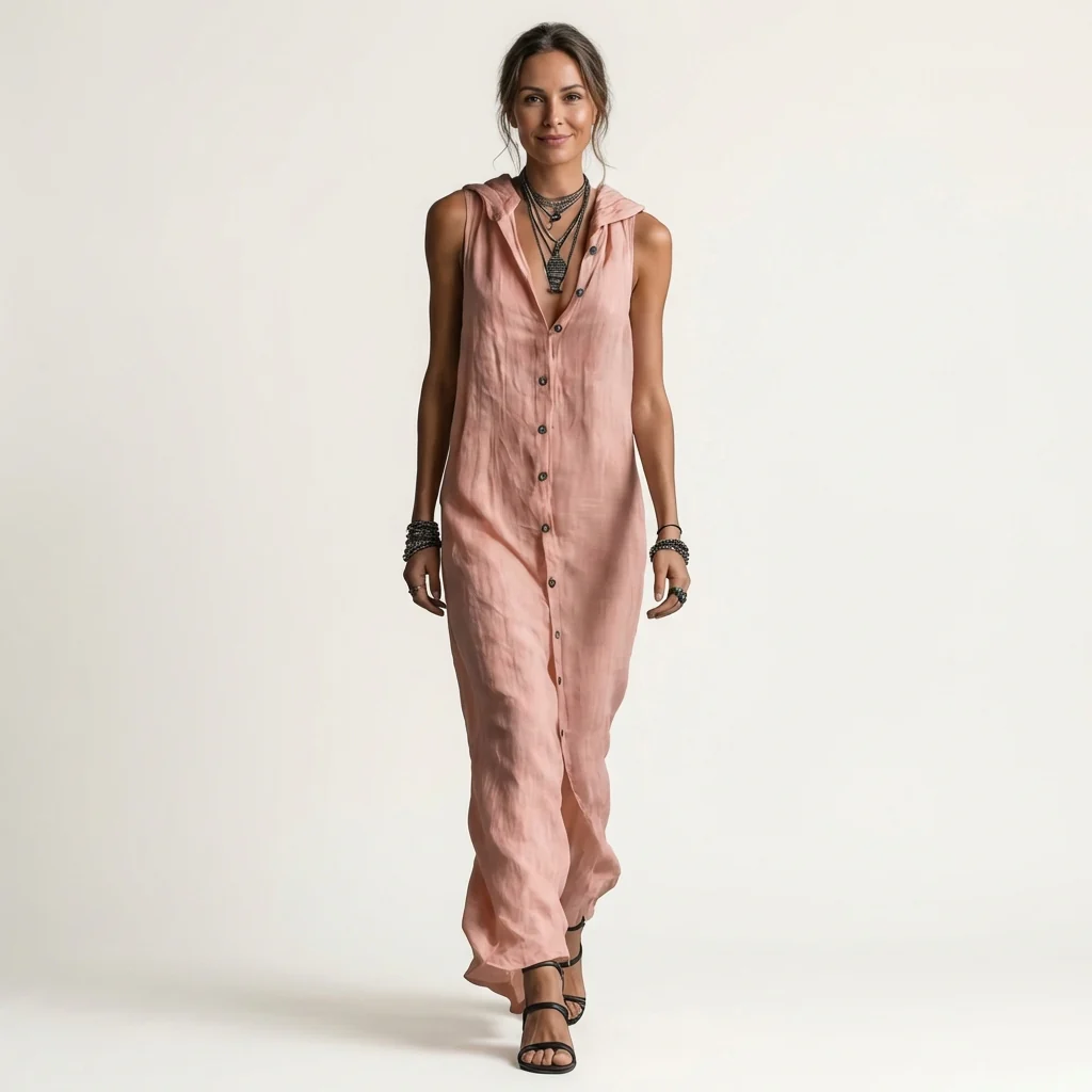 Mirabell | Vestido largo sin mangas con capucha y botones delanteros