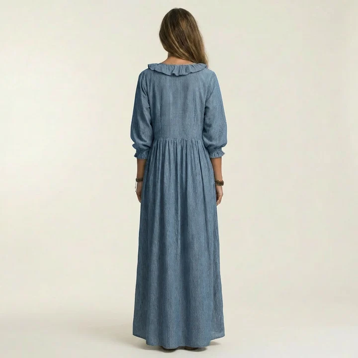 Yosetta | Vestido largo de manga farol con cuello en V y volantes, estampado de rayas