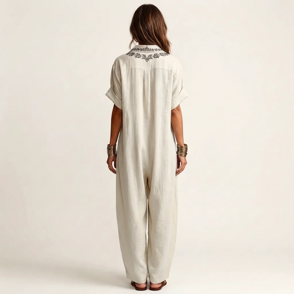 Ariadna | Vestido largo de lino con cuello en V bordado