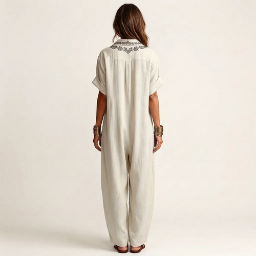 Ariadna | Vestido largo de lino con cuello en V bordado