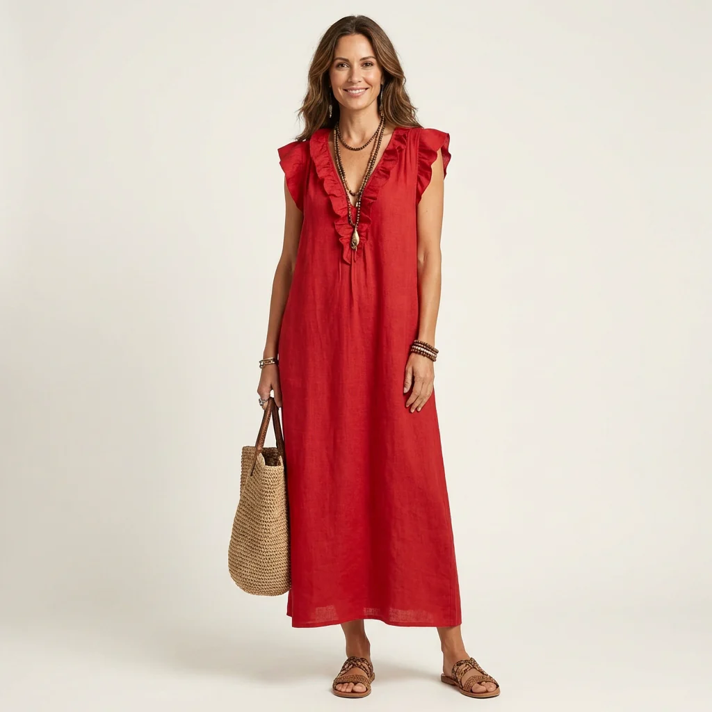 Joseta | Vestido largo con cuello en V y volantes