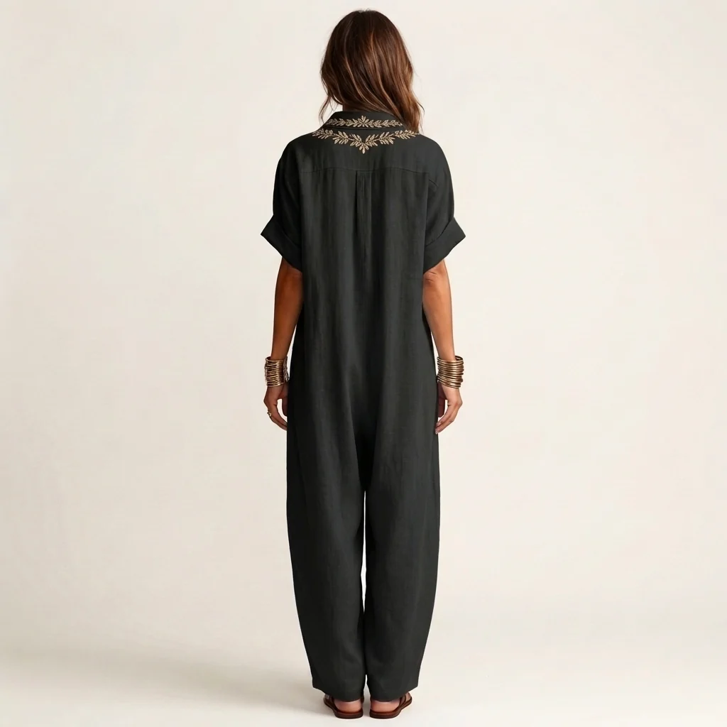 Ariadna | Vestido largo de lino con cuello en V bordado