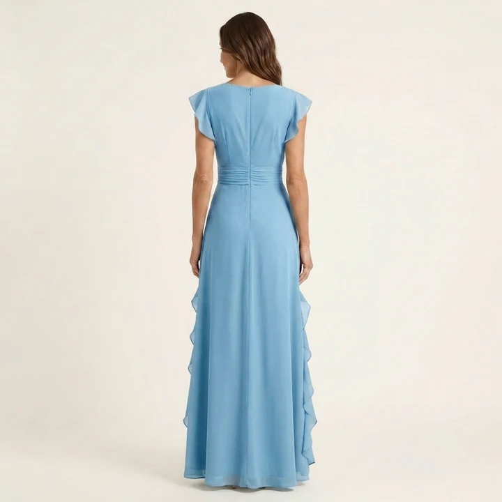 Nellyana | Vestido largo cruzado con escote en V, mangas acampanadas y volantes en cascada