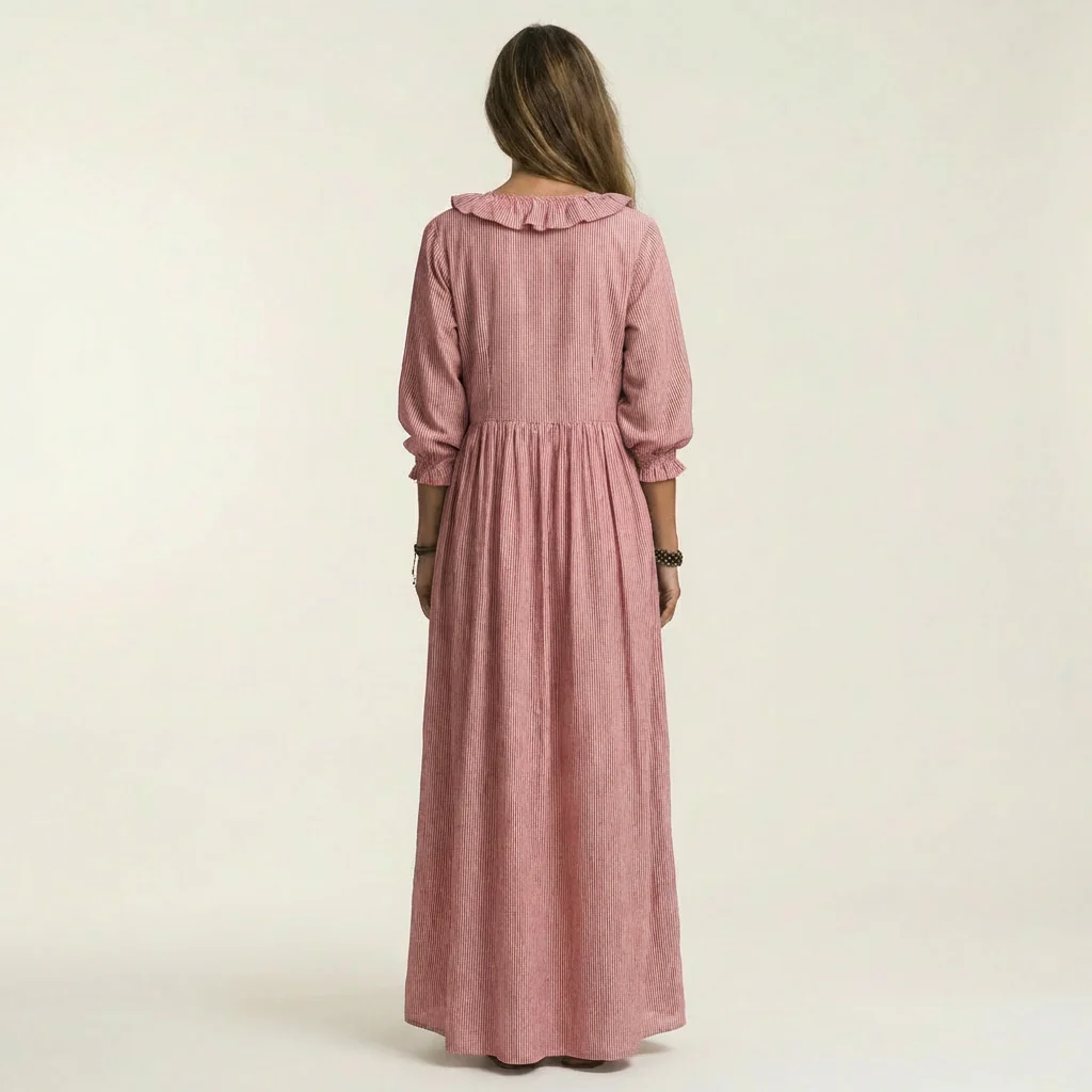 Yosetta | Vestido largo de manga farol con cuello en V y volantes, estampado de rayas
