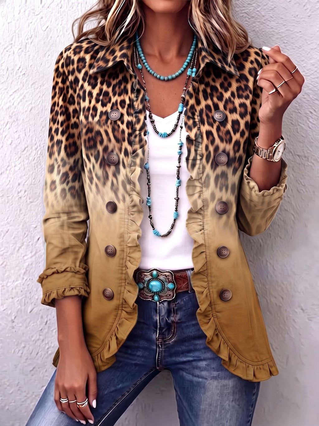 Aurora | Blazer Boho Audaz de Leopardo y Volantes Turquesa