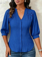 Casilda | Blusa de Encaje Cuello en V con Pliegues y Mangas Abullonadas