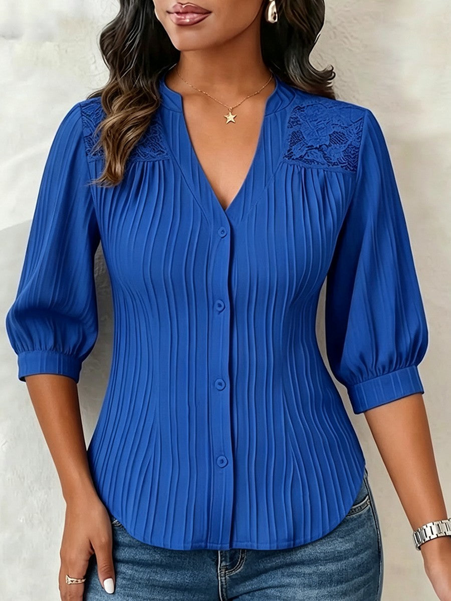 Casilda | Blusa de Encaje Cuello en V con Pliegues y Mangas Abullonadas