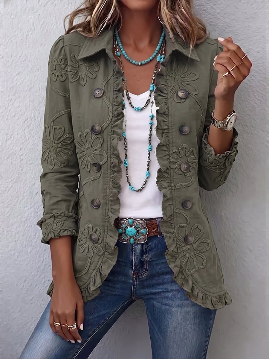 Diana | Chaqueta Utility Bordada Floral con Volantes Estilo Boho Chic