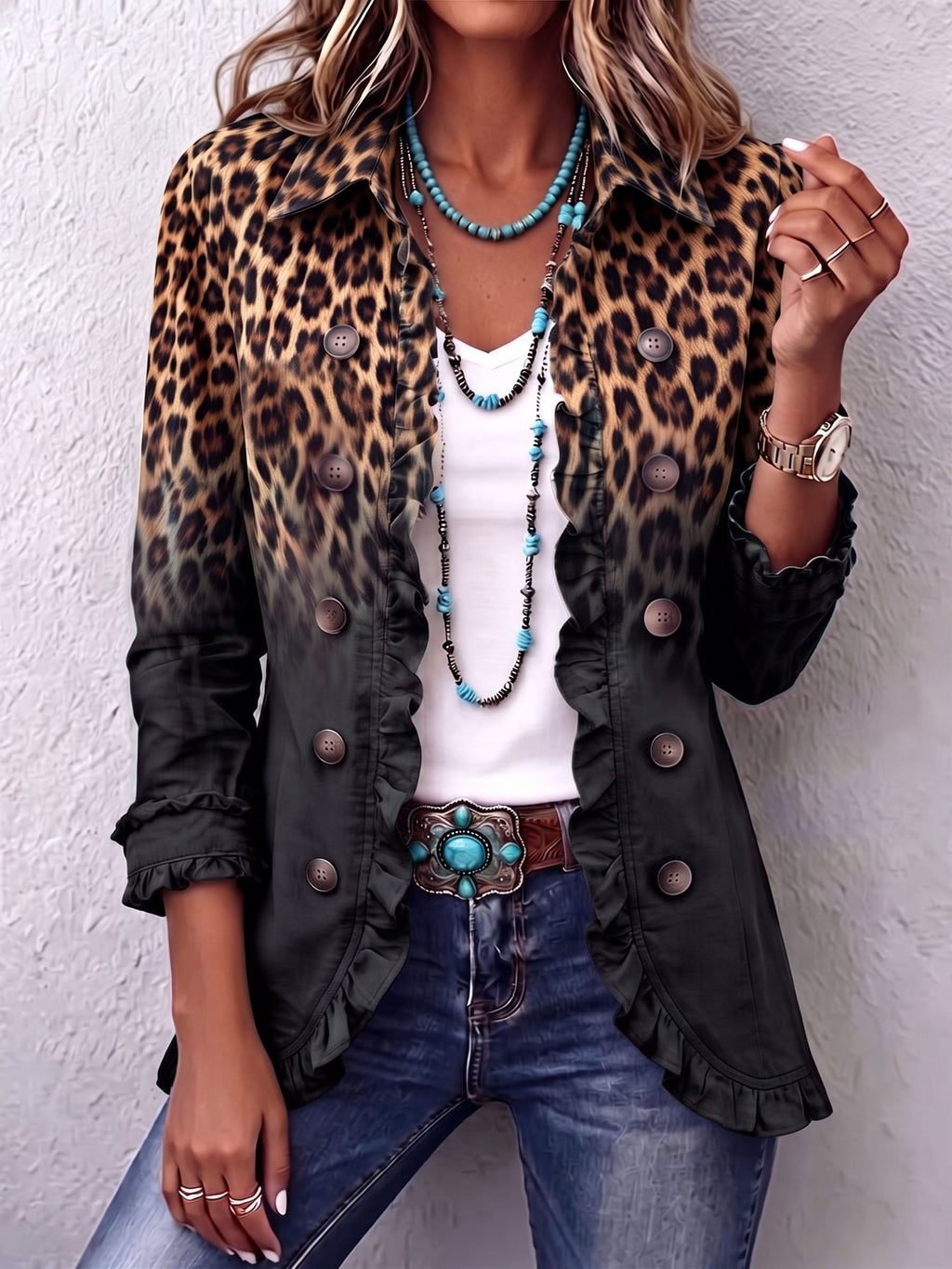 Aurora | Blazer Boho Audaz de Leopardo y Volantes Turquesa