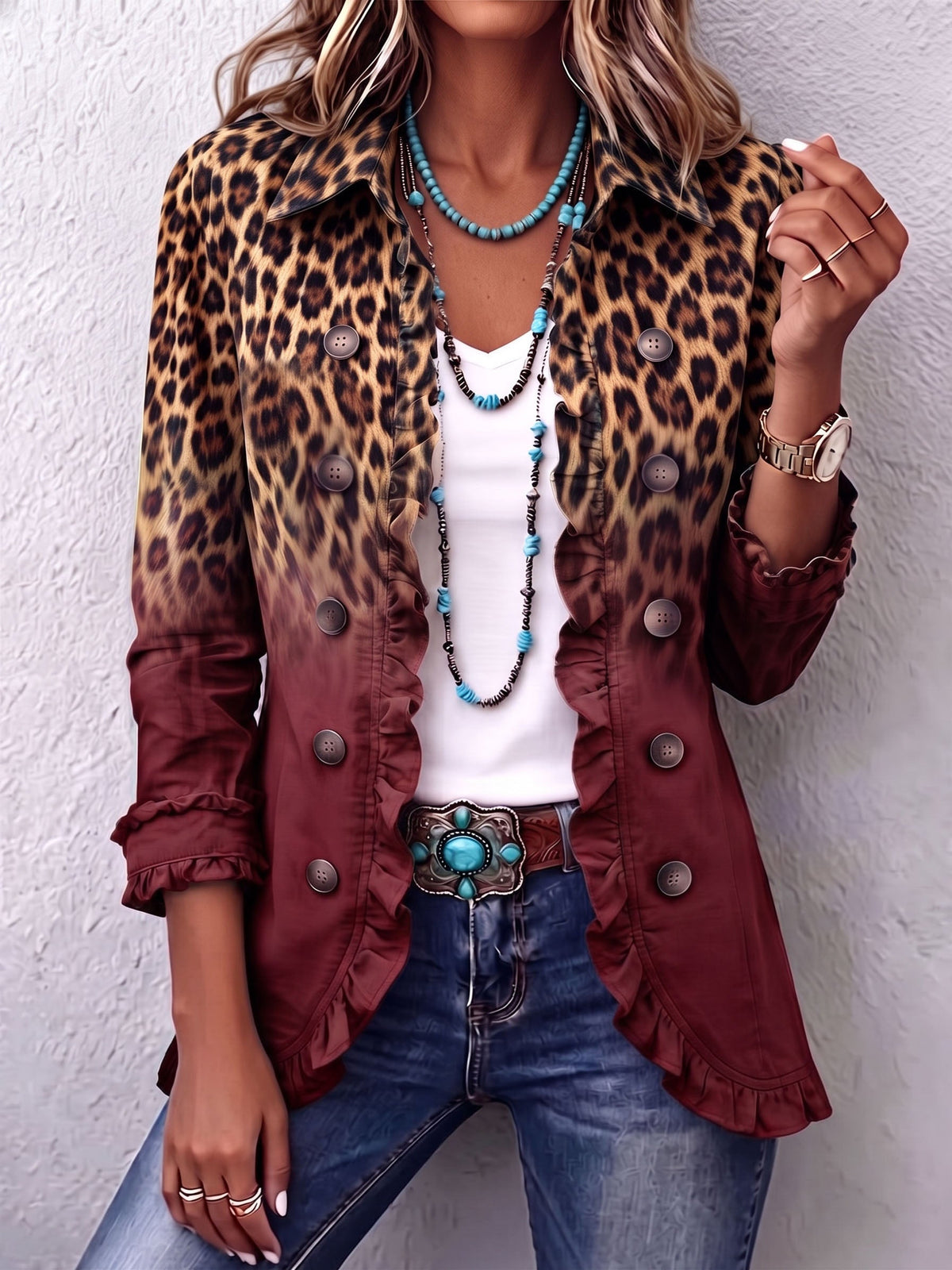 Aurora | Blazer Boho Audaz de Leopardo y Volantes Turquesa