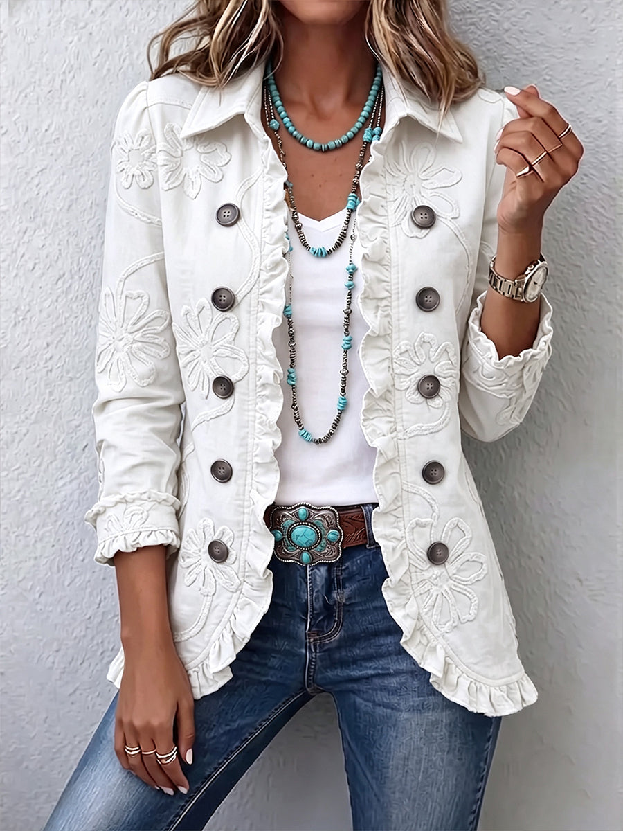 Diana | Chaqueta Utility Bordada Floral con Volantes Estilo Boho Chic