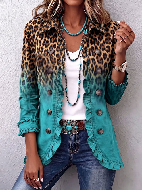 Aurora | Blazer Boho Audaz de Leopardo y Volantes Turquesa