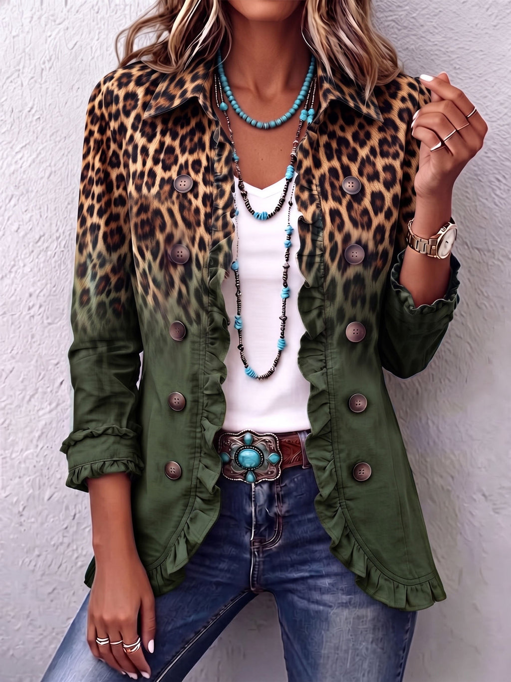 Aurora | Blazer Boho Audaz de Leopardo y Volantes Turquesa