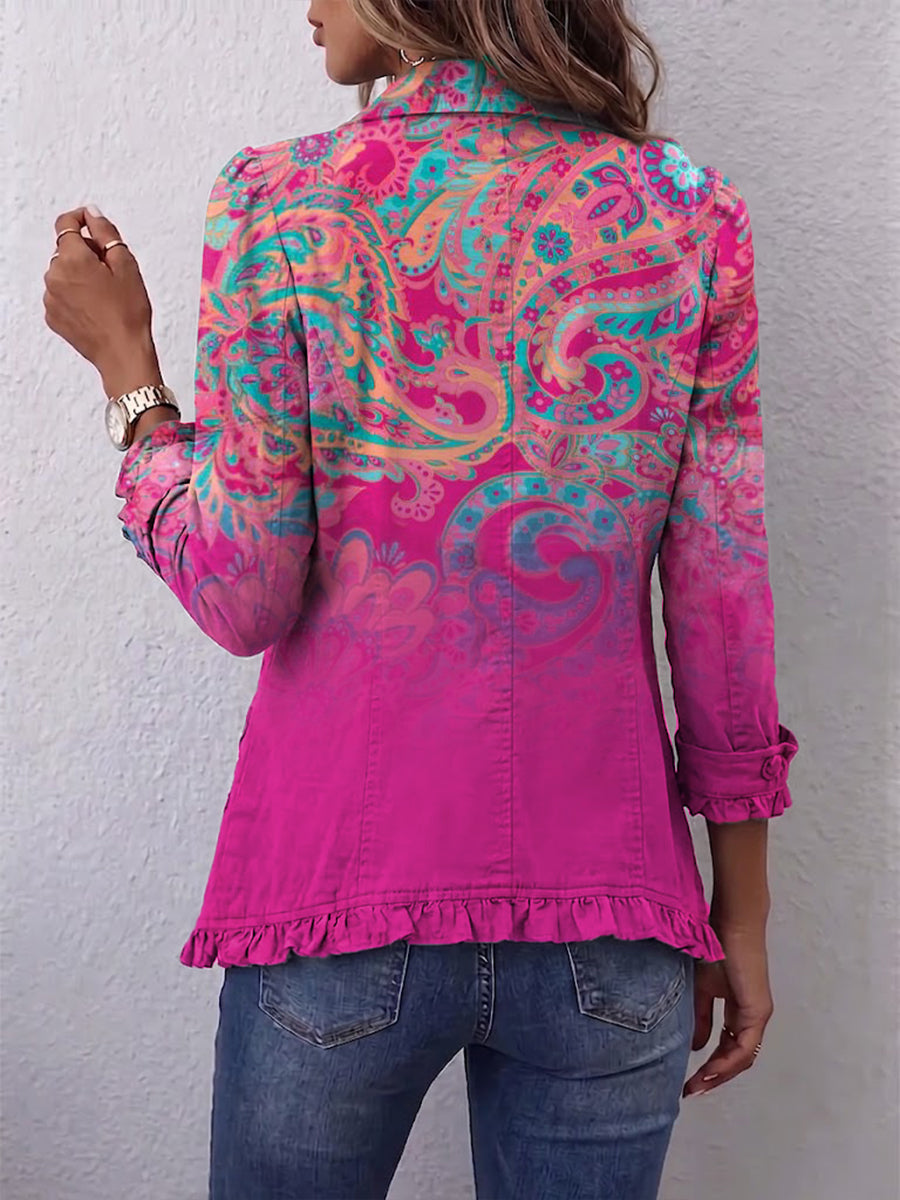 Vega | Chaqueta con Volantes Estampado Paisley Degradado en Lino y Algodón