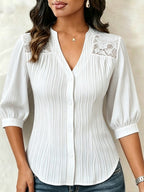 Casilda | Blusa de Encaje Cuello en V con Pliegues y Mangas Abullonadas