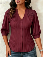 Casilda | Blusa de Encaje Cuello en V con Pliegues y Mangas Abullonadas