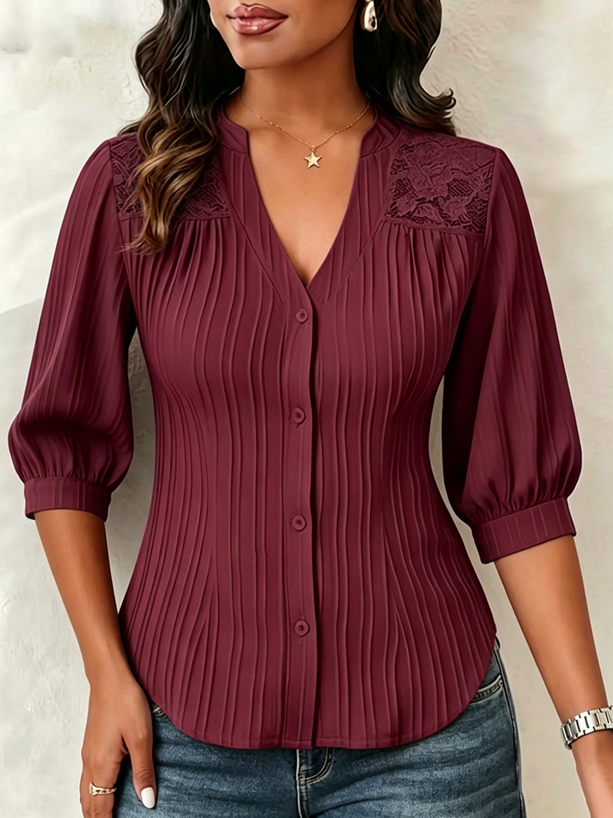 Casilda | Blusa de Encaje Cuello en V con Pliegues y Mangas Abullonadas