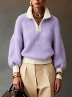 Ximena | Jersey con Cremallera Corta y Ribete Contraste Lavanda