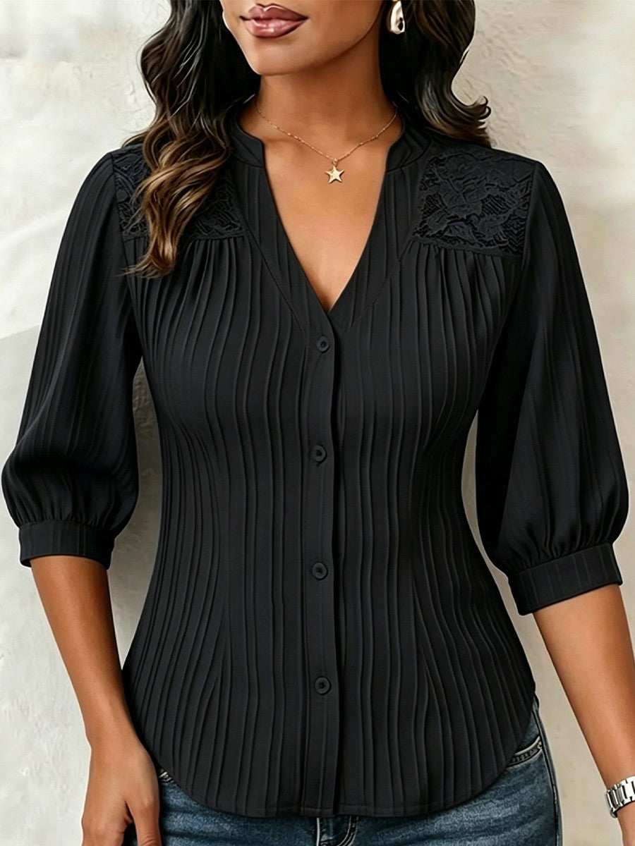 Casilda | Blusa de Encaje Cuello en V con Pliegues y Mangas Abullonadas