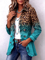 Aurora | Blazer Boho Audaz de Leopardo y Volantes Turquesa