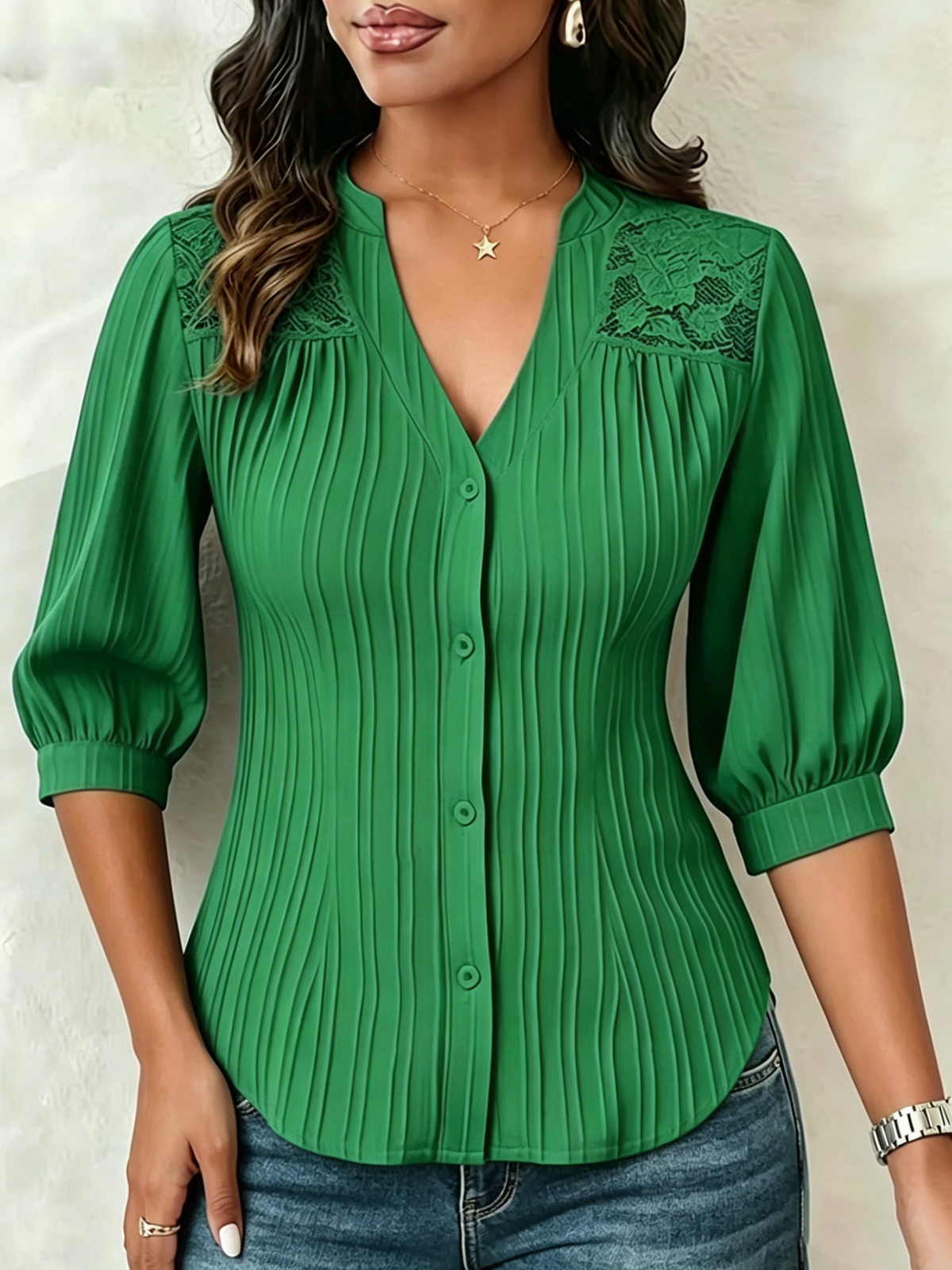 Casilda | Blusa de Encaje Cuello en V con Pliegues y Mangas Abullonadas