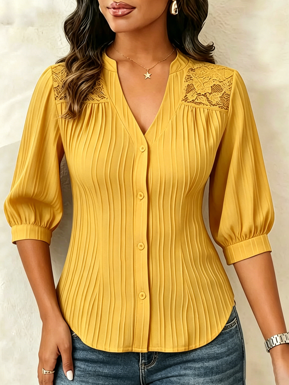 Casilda | Blusa de Encaje Cuello en V con Pliegues y Mangas Abullonadas