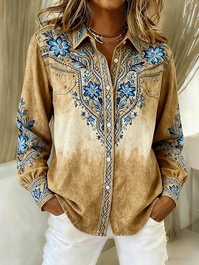 Blusa Violeta Cortés con Estampado Floral Estilo Western Azul